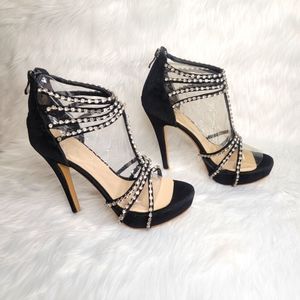 Velvet strappy rhinestone high heel platforms.